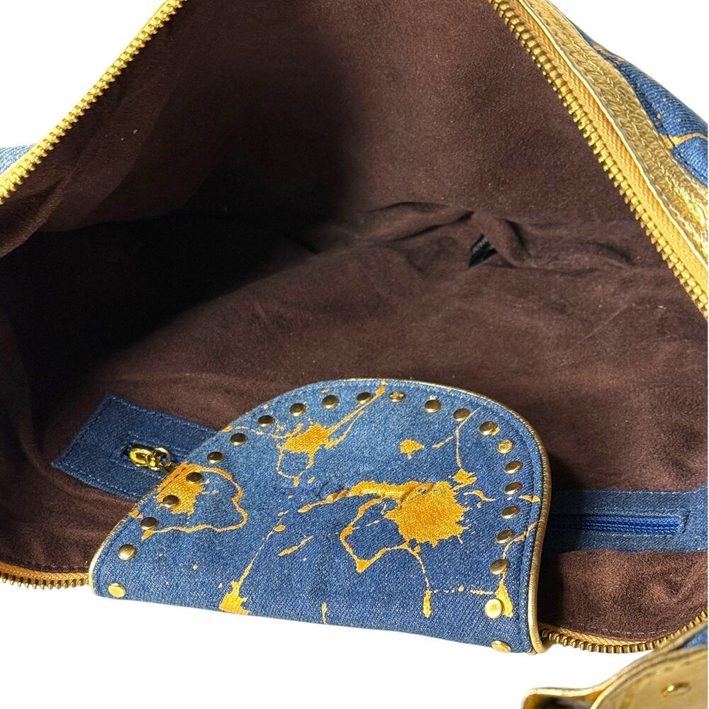 Y2K Denim & Gold Metallic Shoulder Bag Boho Glam Streetwear Purse - Picture 5 of 16